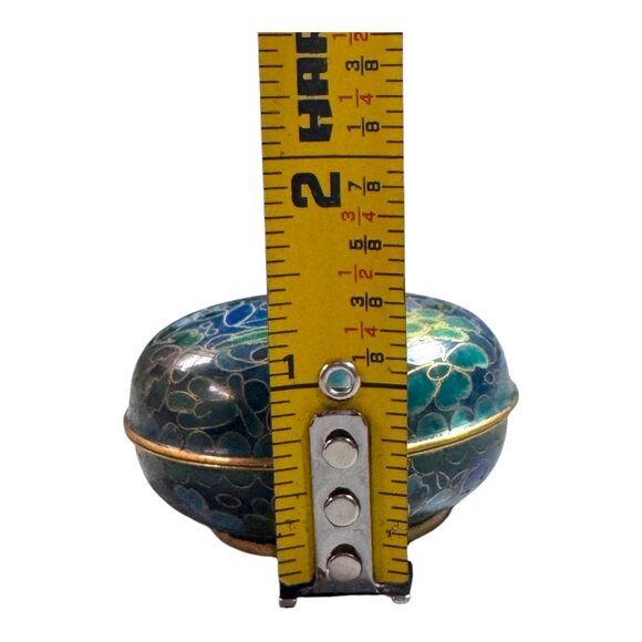 Vintage Cloisonné Round Trinket Box Antique Floral Design Blue & Green Enamel - Picture 6 of 8